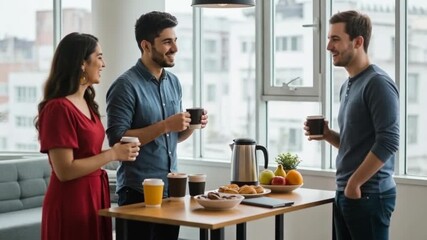Three friends gather around a wooden table filled with drinks and pastries. They share laughs and conversations in a bright, inviting room with large windows
