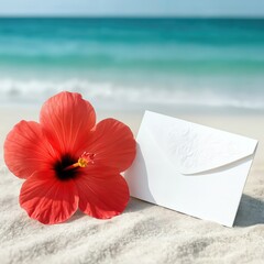 A vibrant red hibiscus rests elegantly on a sandy beach alongside a subtly embossed white envelope 