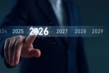 Futuristic digital interface with 2026 fingerprint scan,man selecting future year,biometric business planning,technology innovation,corporate goal targeting