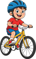 Happy boy riding a bicycle wearing a helmet isolated on white background