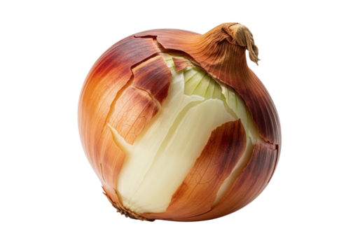 Extreme close-up of a meticulously detailed aged onion with peeling earthy brown outer layers, revealing creamy yellow inner rings, isolated on a bright white background with copy space, concept of