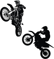 Two motocross riders performing stunts on dirt bikes isolated on white background