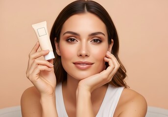 Beautiful young woman holding a tube of cosmetic cream, studio portrait with soft lighting