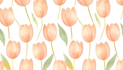 Delicate peach tulips and leaves on a white background, creating a repeating pattern