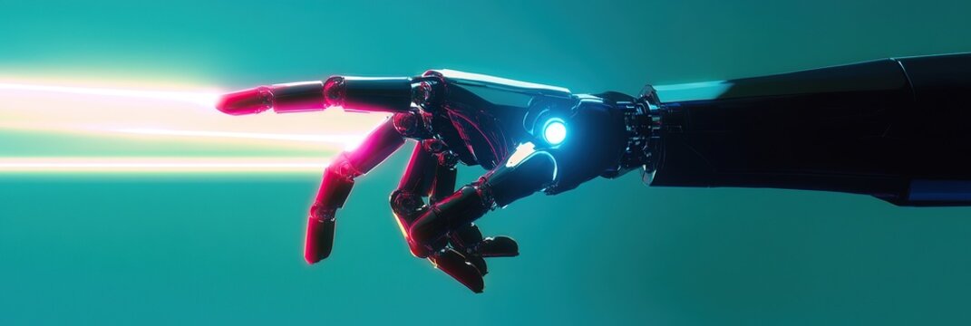 A digital artwork of an AI robot hand reaching out, with light beams emanating from its fingers