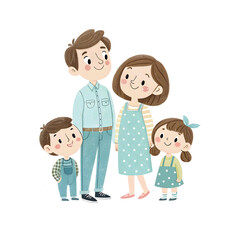 Obraz premium Happy cartoon family of four standing together isolated on transparent background