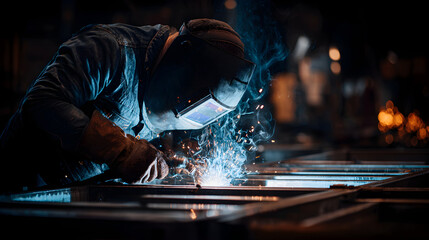 Welder working in a dark workshop with bright sparks