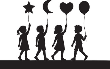children balloon silhouette, Kids Holding Balloons Black and White

group of children balloons, Silhouette of Children with Balloons