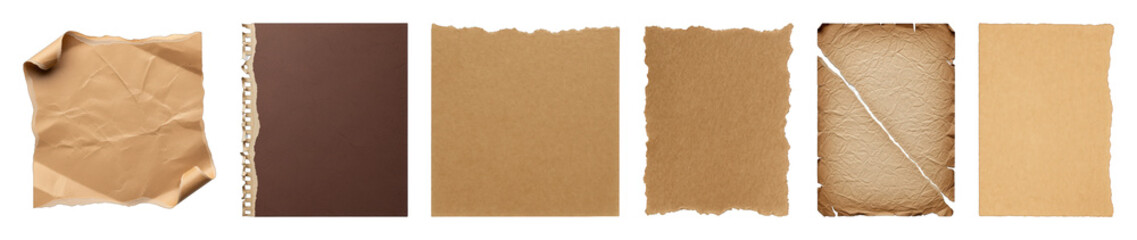 Brown paper set including torn, crumpled, aged, and textured kraft sheets isolated. Versatile graphic design collection.