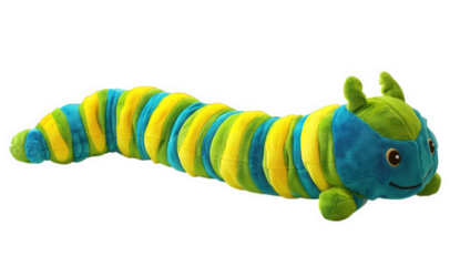 A cute and colorful plush caterpillar toy isolated on transparent background