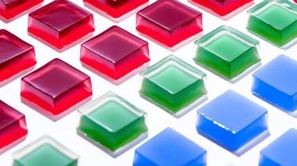  A vibrant and clean colour-blocked pattern of perfectly formed, translucent fruit jelly squares (cherry, lime, blueberry) on a pristine white surface. A minimalist and playful food art concept. 