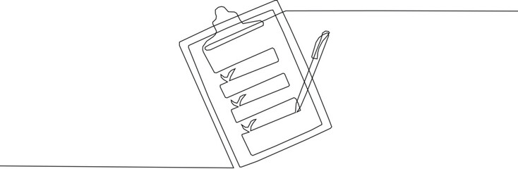Continuous one line drawing of clipboard and pen design. clipboard with Good Marks with pass direction with tick mark. correction of error.. On white background. © Zuhaib