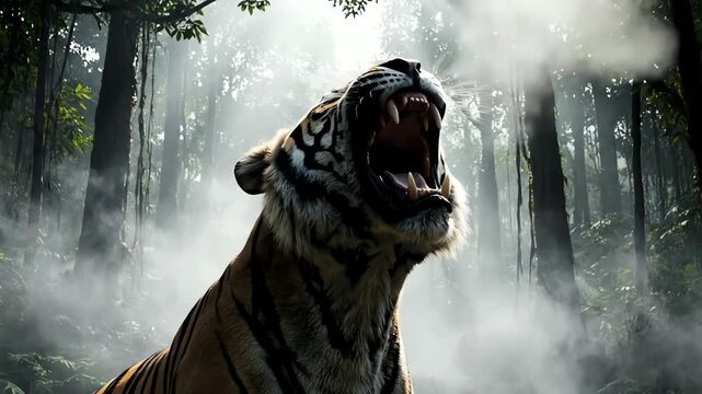 Roaring tiger displays its teeth in misty forest, showcasing power and dominance in a dramatic wildlife scene.