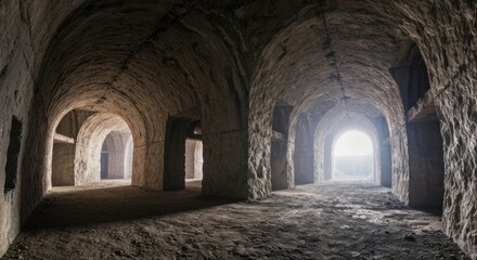 Naklejka premium Ancient subterranean chambers, arched tunnels, dim light