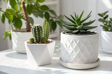 Obraz premium Minimalist Succulent and Cactus Plants on a Bright White Ledge
