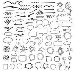 Hand Drawn Doodle Elements Vector Set - Arrows, Speech Bubbles, Stars, and Lines.