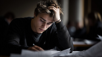 Obraz premium Academic Pressure for a Young Man Struggling with Study Books
