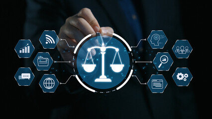 Futuristic digital law interface displaying justice scale, highlighting digital law, AI compliance,...