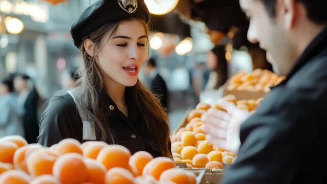 Young smiling saleswoman wearing a beret selling fresh apricots to a customer at the market