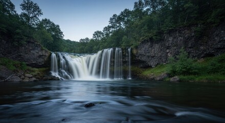 Naklejka premium Cascading waterfall plunging into a still pool, surrounded by lush greenery and dark cliffs