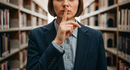 Woman in blazer holding finger to lips in quiet library  