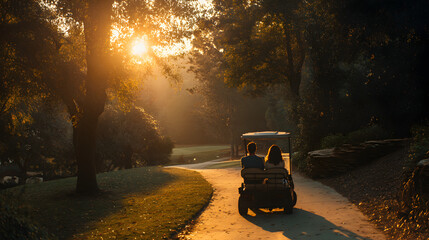Golf cart driving on a path through a sunlit forest at sunset