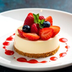 Small cheesecake topped with fresh berries and mint