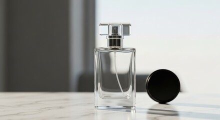 Clear glass perfume bottle on marble surface