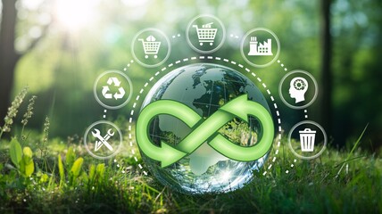Globe with infinity loop and circular economy icons in a green forest environment sustainability