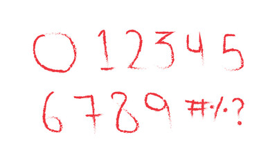 Hand drawn lettering numbers and special characters set on white background.