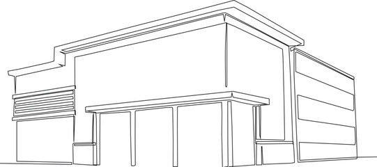 Flat roof house or commercial building in continuous line art drawing style, Continuous one line art building. On White background.