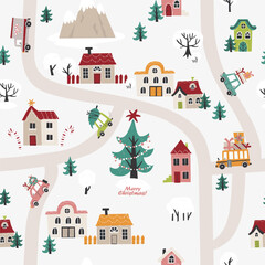 Vector seamless pattern with city map, streets, houses and cars. Perfect for Christmas paper, fabric and gift designs