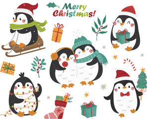 Vector set of cute penguins preparing for Christmas. Perfect for decorating postcards, books, children's rooms