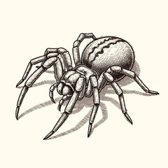 Detailed hand drawn crab spider with striped abdomen and shadow on light background illustration