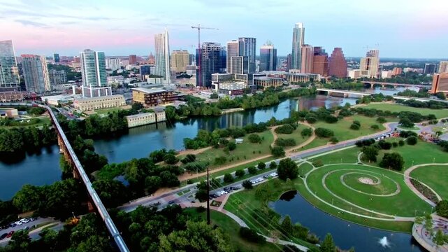 Aerial view of the austin texas skyline with the colorado river at daytime