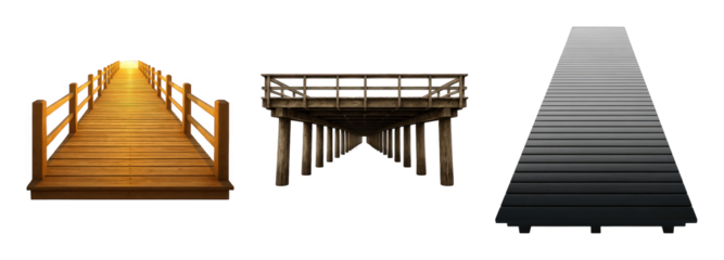Wooden pathway set including light wood bridge, rustic pier, and dark plank walkway isolated. Architectural design and digital art elements.