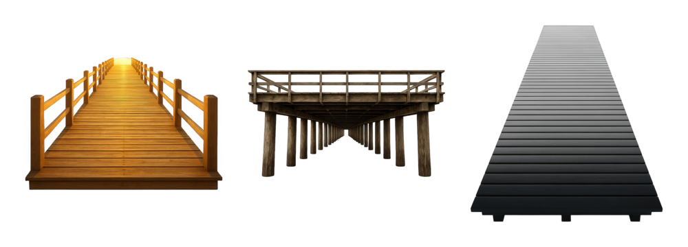 Wooden pathway set including light wood bridge, rustic pier, and dark plank walkway isolated. Architectural design and digital art elements.