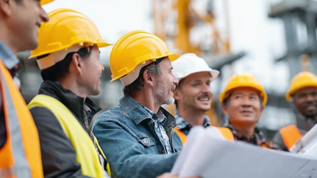 Construction Crew Collaboration: A diverse group of construction workers gather outdoors, dressed in essential safety gear, meticulously reviewing blueprints on a bustling project site. 