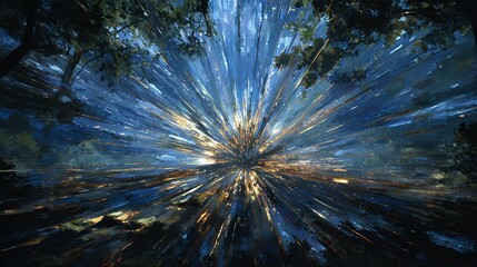 Fototapeta premium Abstract view through trees, burst of light, impressionistic paint strokes
