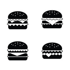 Four simple black silhouette icons of delicious cheeseburgers with sesame seed buns and layers of ingredients