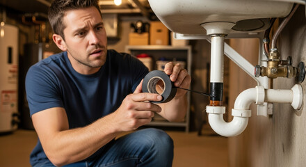 Plumber repairing pipe under sink with tape.  Home repair involves fixing leaky pipe using waterproof tape. Professional plumber uses special tape for plumbing repair.