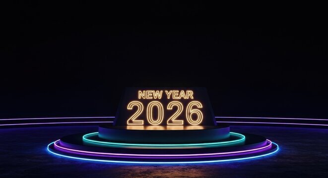 Dark, futuristic podium with neon "New Year 2026" display - Powered by Adobe