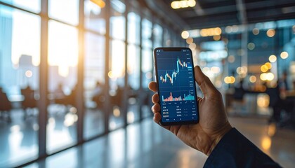 Analyze stock market data on phone for financial investment decision in modern office
