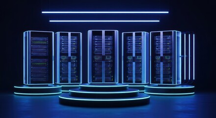 Dark room, glowing blue neon, server racks on tiered platforms
