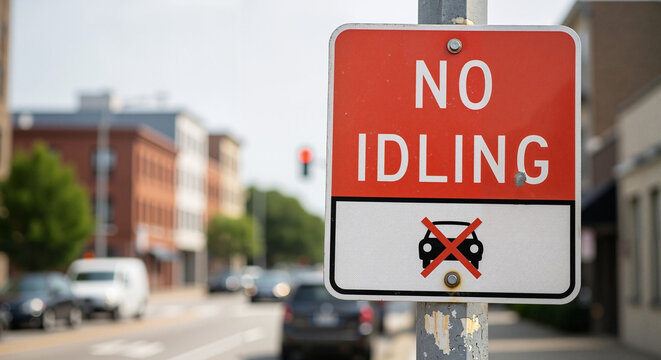 No Idling sign on street with traffic and buildings in background  
