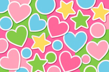 Vibrant sticker collage background with paper cutout hearts stars and circles in pink blue yellow and green on bold surface, playful decorative pattern for design use