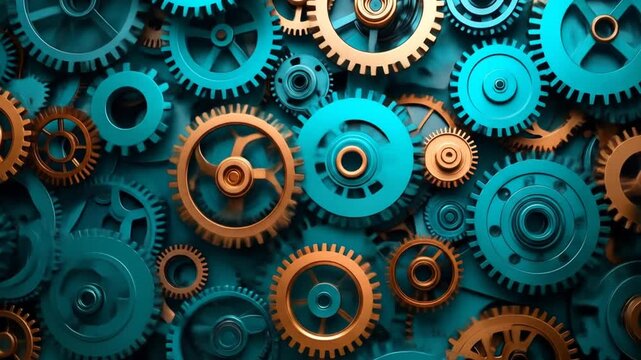 Complex gear system in teal and gold