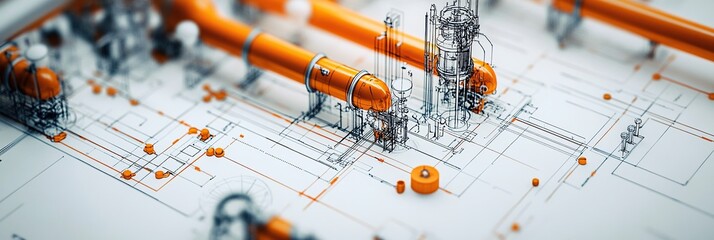 A detailed blueprint of an industrial plant with orange pipes and white wires