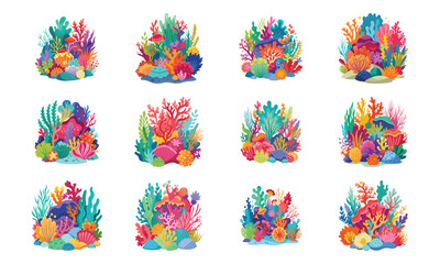 Obraz premium Colorful Travel and Nature Icon Set – Beach Ball, Calendar, Compass, Coral Reef, Credit Card, Tree, Thermometer, Shopping Bag, Volcano, Cloud, Sun, and Animal Paw Print Vector Illustration