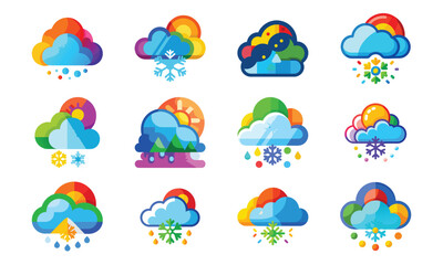 Obraz premium Colorful Travel and Nature Icon Set – Beach Ball, Calendar, Compass, Coral Reef, Credit Card, Tree, Thermometer, Shopping Bag, Volcano, Cloud, Sun, and Animal Paw Print Vector Illustration